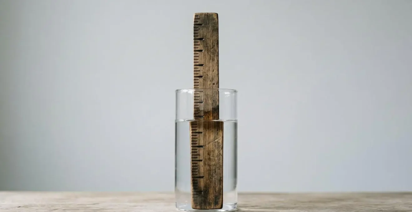 A wooden measuring stick partially submerged in rising water illustrating outdated reference points