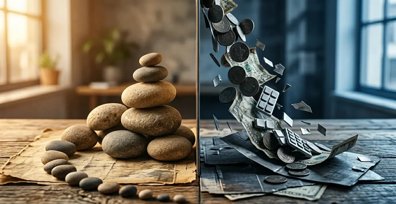 Two contrasting paths representing debt repayment strategies with symbolic metaphors