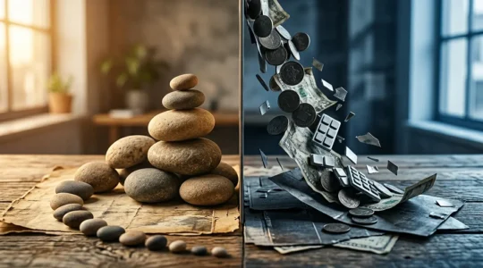 Two contrasting paths representing debt repayment strategies with symbolic metaphors