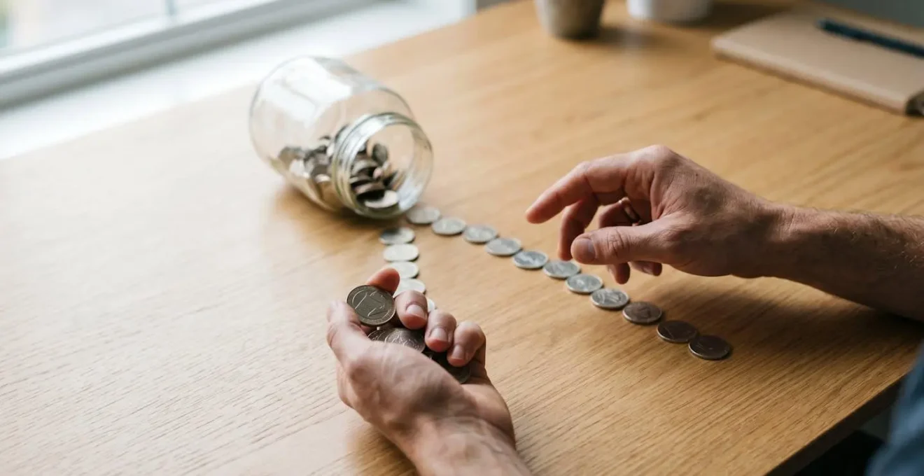 A person's hands deciding whether to reinvest coins into a jar or spend them, illustrating the behavioral challenge of dividend discipline.