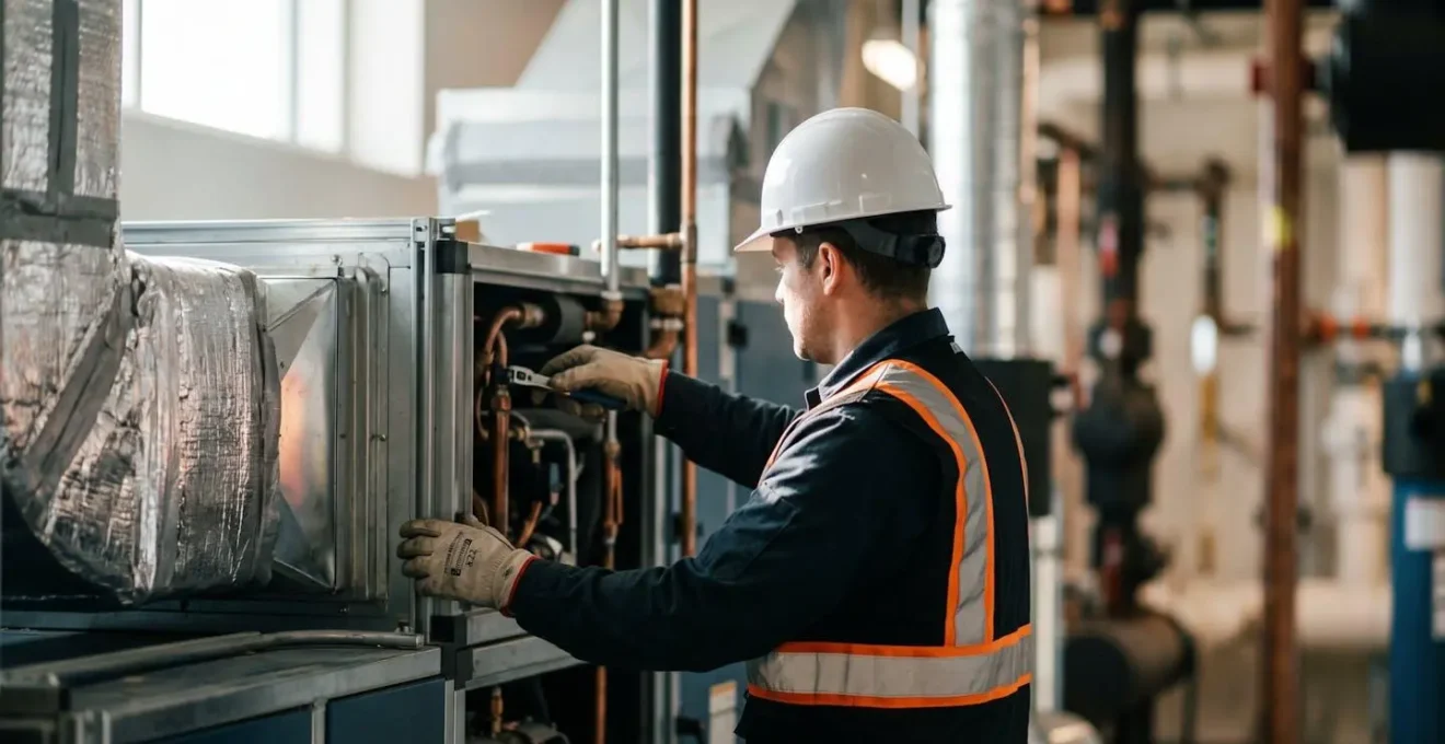 Professional HVAC maintenance inspection in commercial building mechanical room