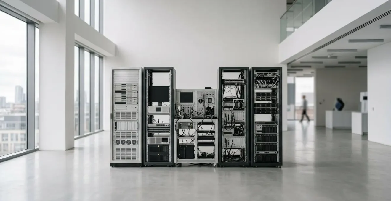 Wide shot of modern technology equipment and computing hardware in minimalist commercial space with natural lighting