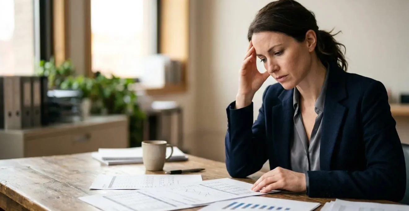 Business owner reviewing financial documents with concerned expression as calendar shows payment deadlines