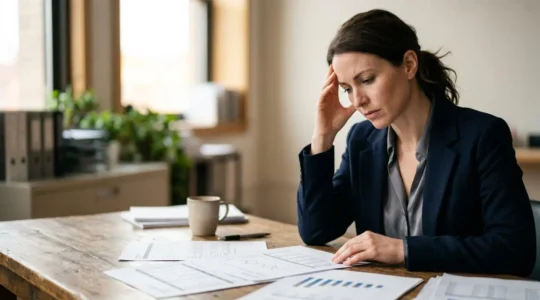 Business owner reviewing financial documents with concerned expression as calendar shows payment deadlines