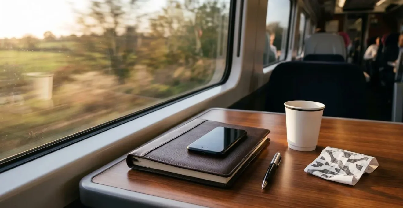 Professional business traveler's workspace with travel documents and meal receipt on train table