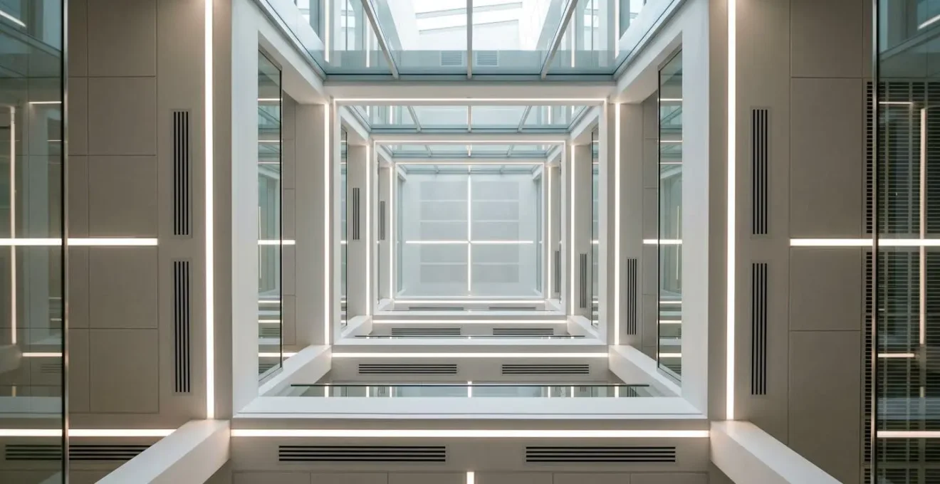 Modern office building ceiling showing integrated lighting and ventilation systems in minimalist architectural style