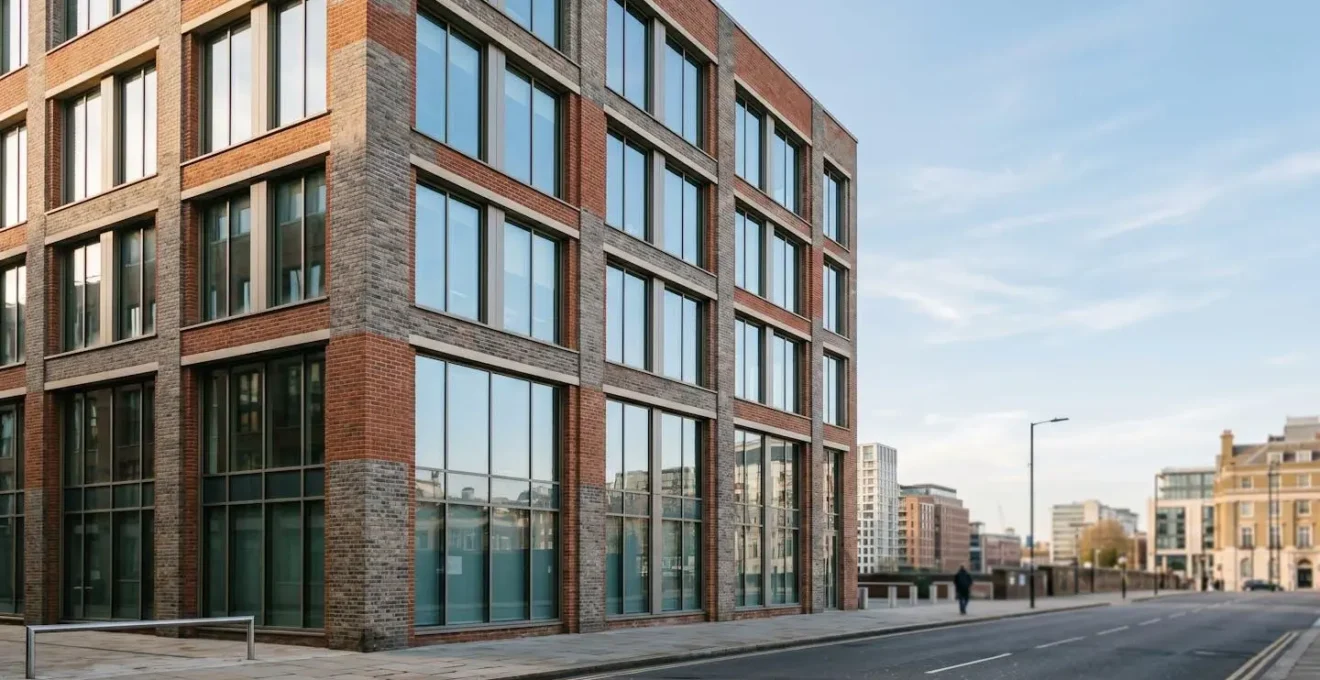 Modern UK commercial office building exterior representing pension-owned property investment