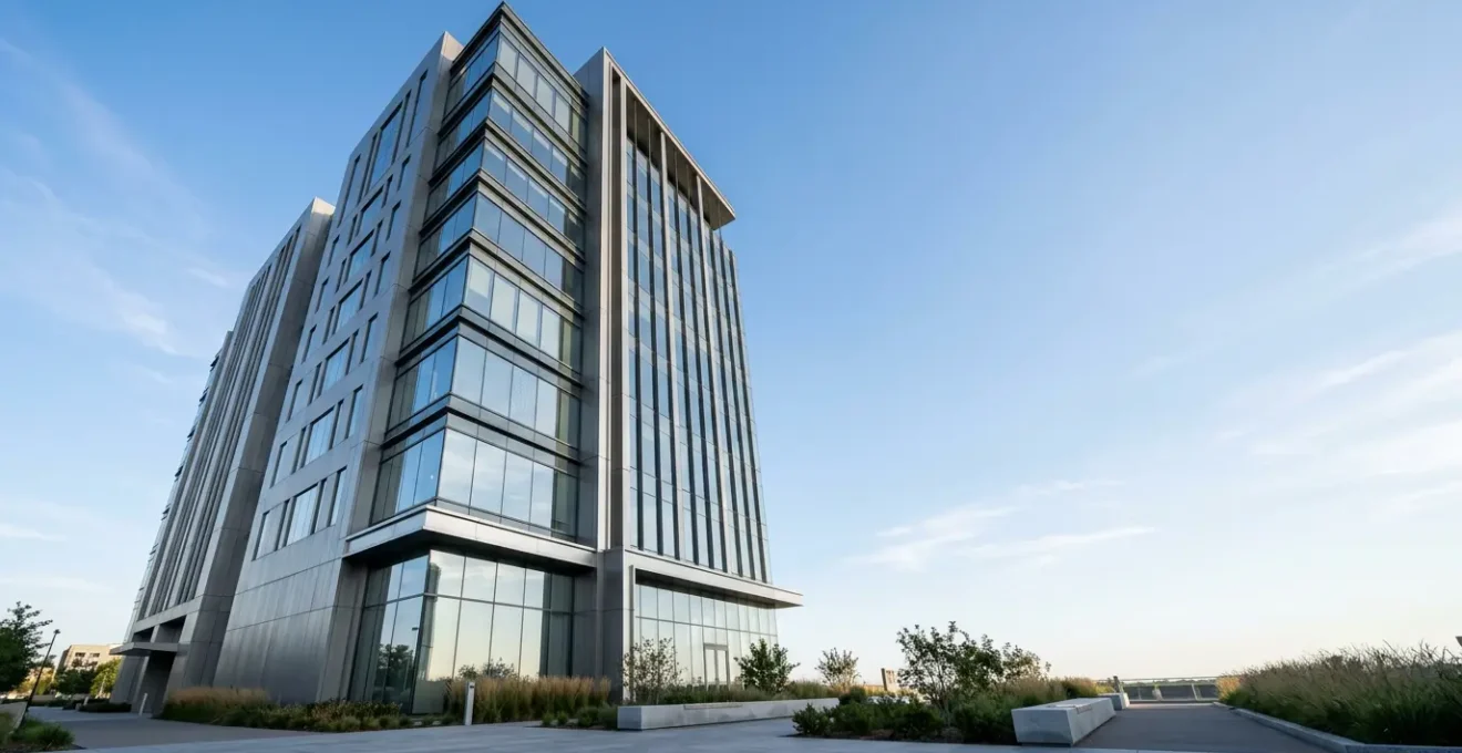 Modern commercial office building facade with transparent value growth indicators