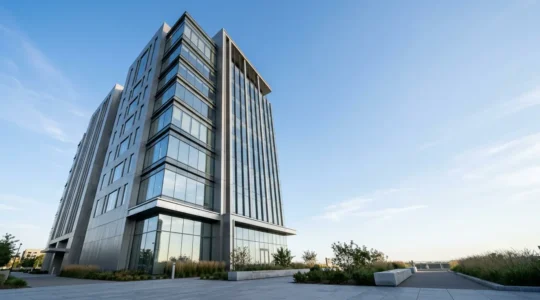 Modern commercial office building facade with transparent value growth indicators