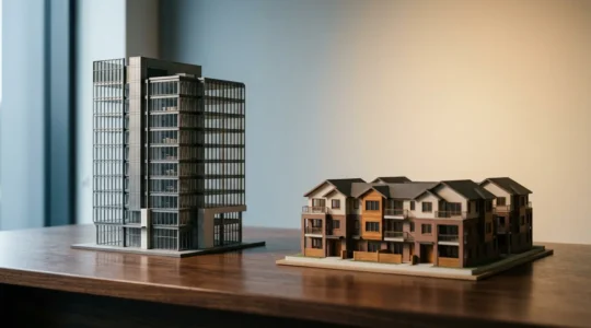 Professional property investment comparison showcasing commercial and residential real estate opportunities