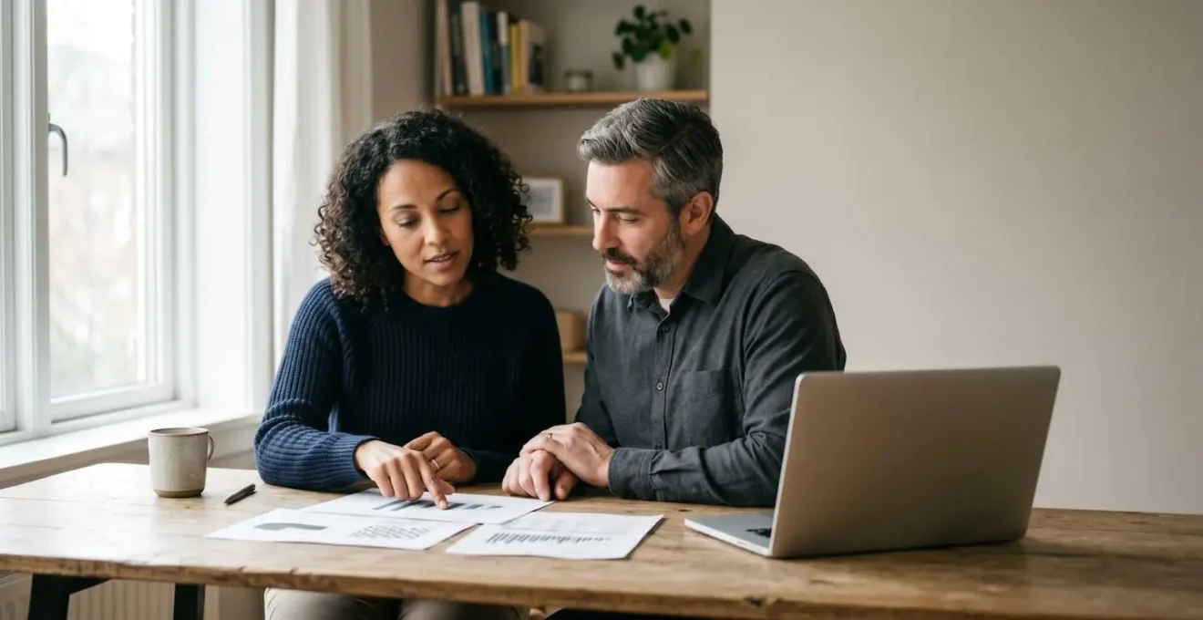 UK couple collaboratively planning property tax strategy in modern home office setting
