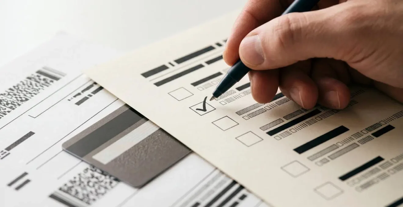 Close-up of organized financial checklist and credit documents on minimalist desk