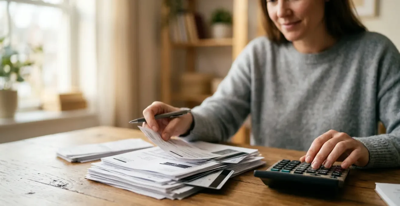 Person reviewing financial documents with calculator showing debt reduction strategy