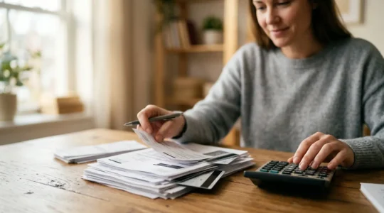Person reviewing financial documents with calculator showing debt reduction strategy