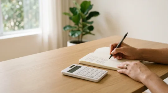 Person reviewing personal finances with calculator and organized budget planner in natural light