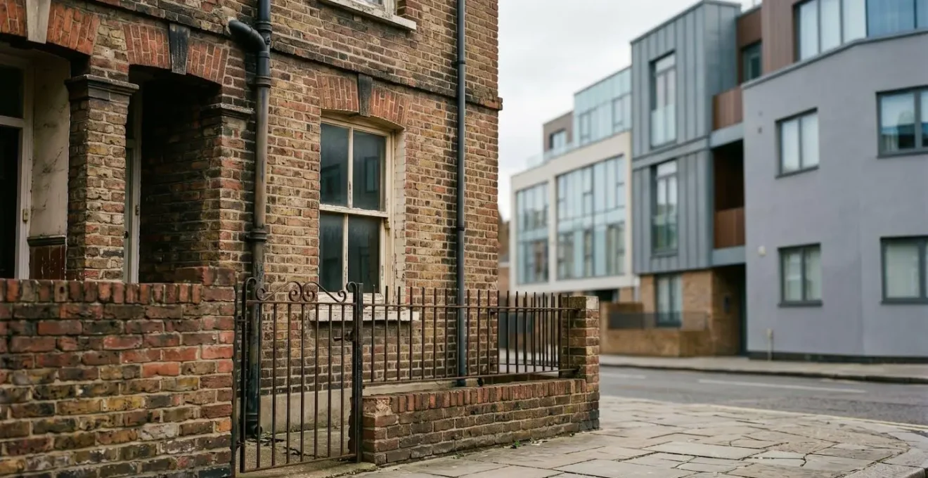 Visual metaphor showing neighborhood transformation through architectural and material contrasts in urban setting