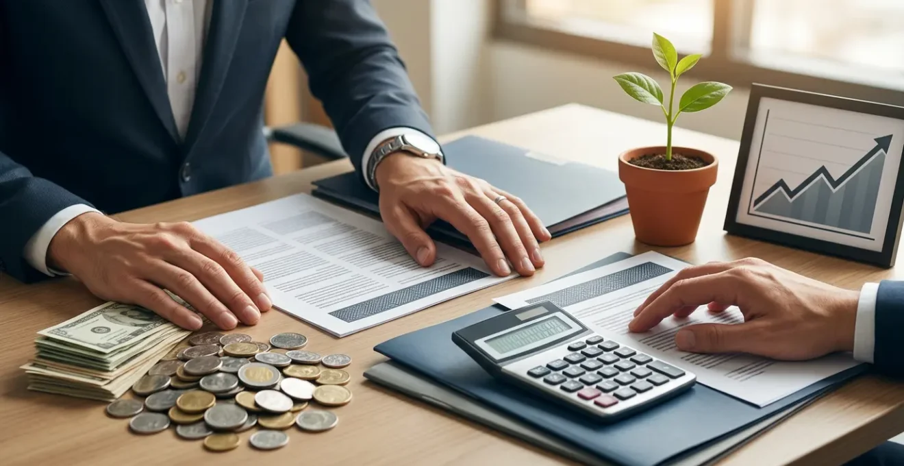 Professional business owner reviewing financial statements with calculator and company documents, contemplating dividend distribution versus reinvestment strategy in natural office lighting