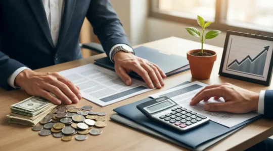 Professional business owner reviewing financial statements with calculator and company documents, contemplating dividend distribution versus reinvestment strategy in natural office lighting