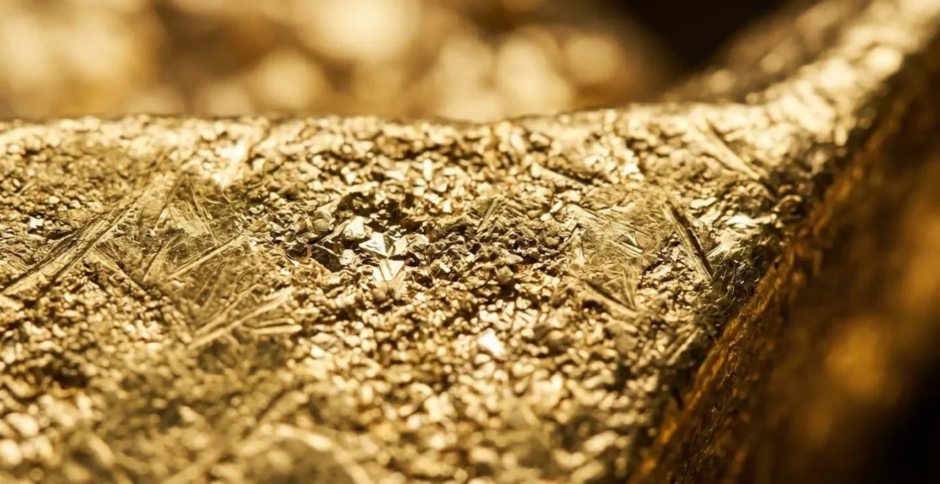 Extreme close-up macro photograph showing gold material texture and surface details