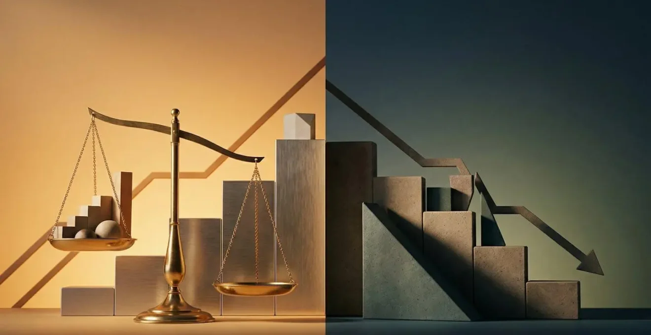 Editorial composition showing contrasting financial elements symbolizing market winners and losers during high interest rate environment