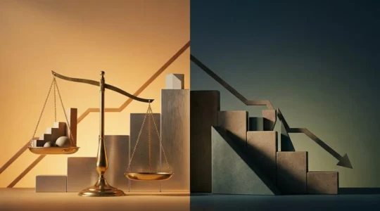 Editorial composition showing contrasting financial elements symbolizing market winners and losers during high interest rate environment