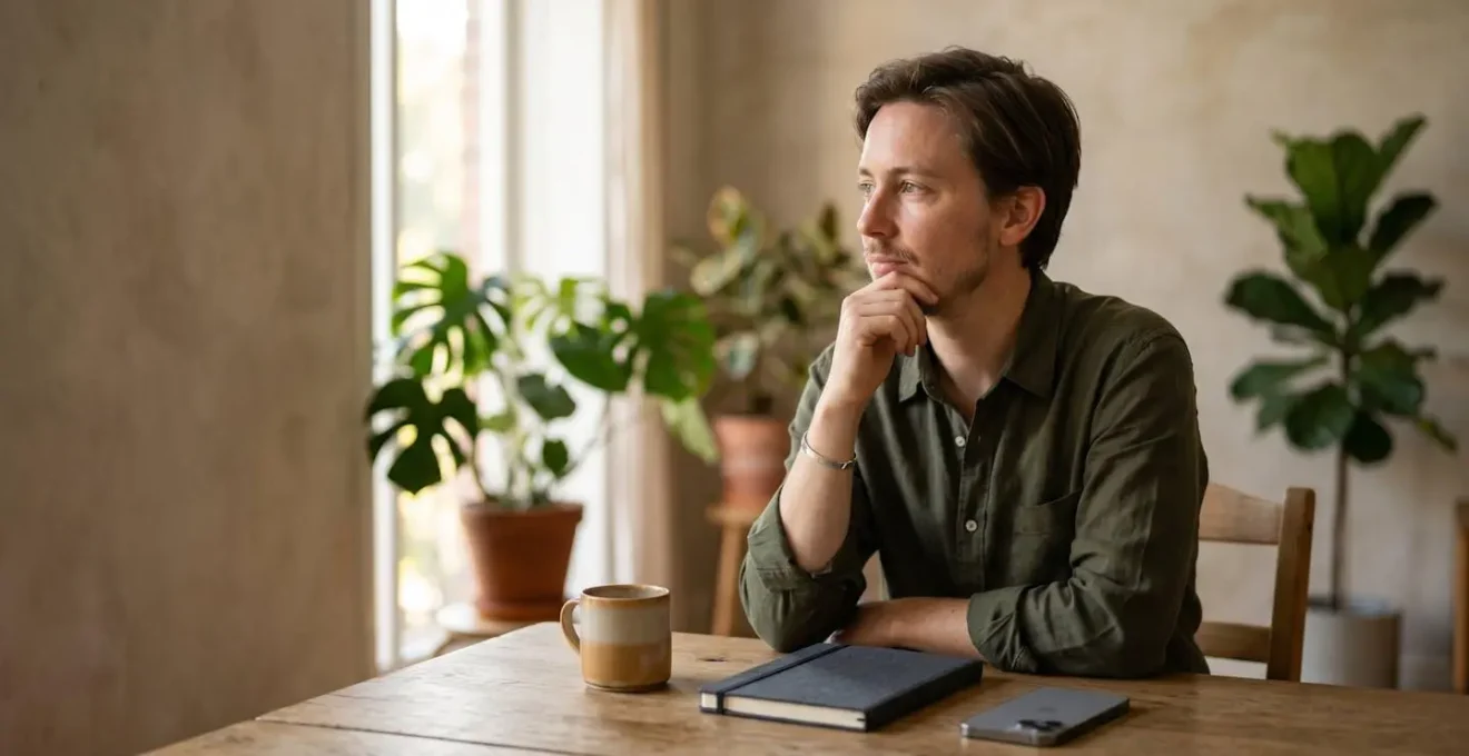 Person in natural contemplation reviewing personal financial goals with soft natural lighting