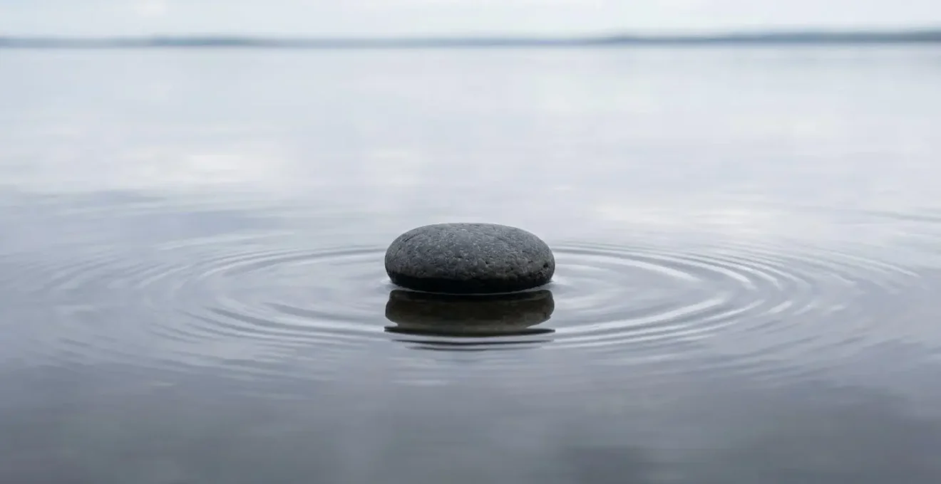 A single, perfectly balanced smooth stone sits on a still water surface, creating minimal ripples, symbolizing a low volatility investment strategy.