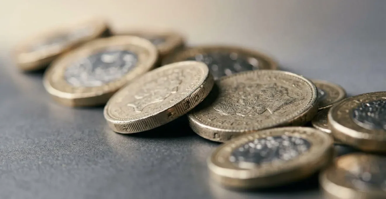 Extreme close-up of UK coins showing textural detail and metallic surfaces representing micro-savings