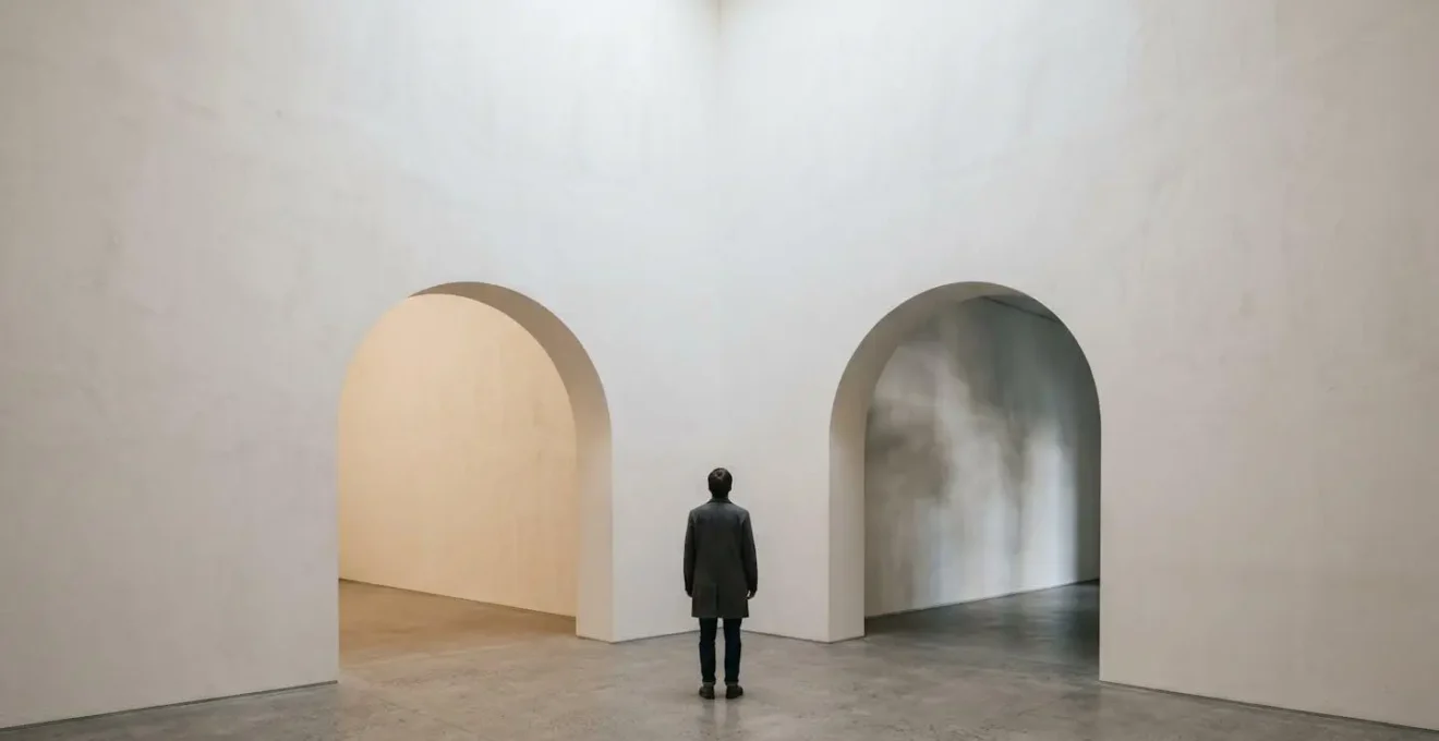 A person stands at a crossroads between two doorways, one with stable light representing a fixed-rate mortgage and one with fluctuating light for a tracker mortgage.