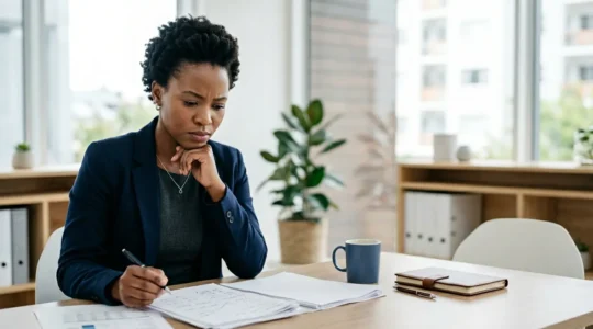 Business owner reviewing financial documents comparing overdraft and credit line options for managing cash flow gaps