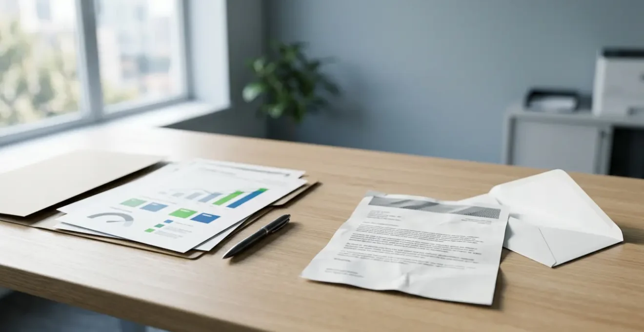 Business owner reviewing financial documents with credit score report showing excellent rating but loan rejection notice