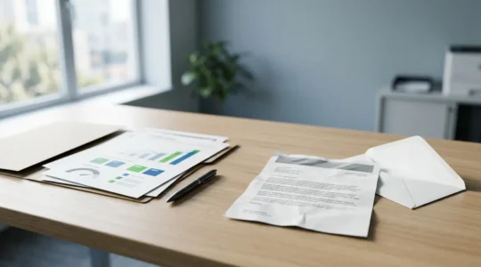 Business owner reviewing financial documents with credit score report showing excellent rating but loan rejection notice