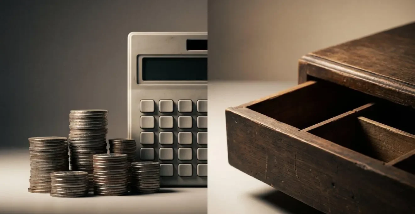 An abstract representation of stacked coins casting shadows, symbolising paper profits, contrasted with an empty cash drawer representing real liquidity.
