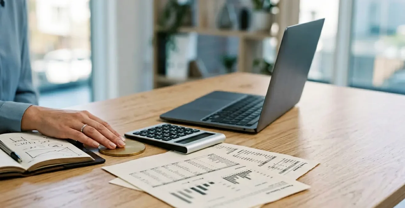Professional business owner contemplating tax structure choice with financial documents and calculator on clean modern desk