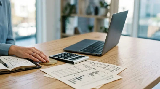 Professional business owner contemplating tax structure choice with financial documents and calculator on clean modern desk