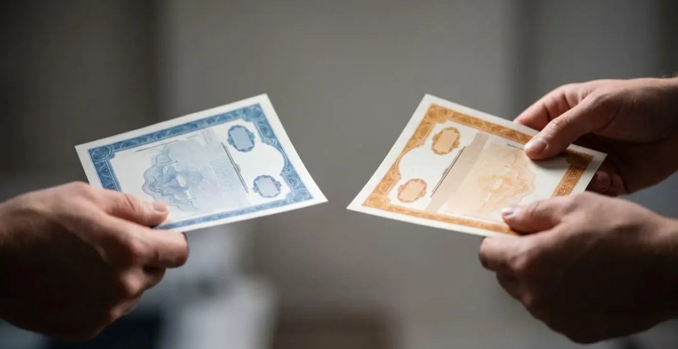 Two hands holding different colored share certificates symbolizing alphabet shares A and B for flexible income distribution