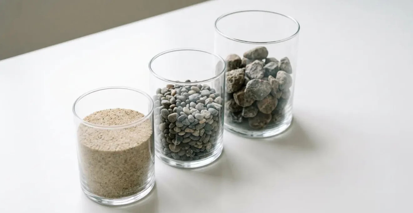 Three distinct glass containers of different sizes containing layered natural materials representing financial tiers