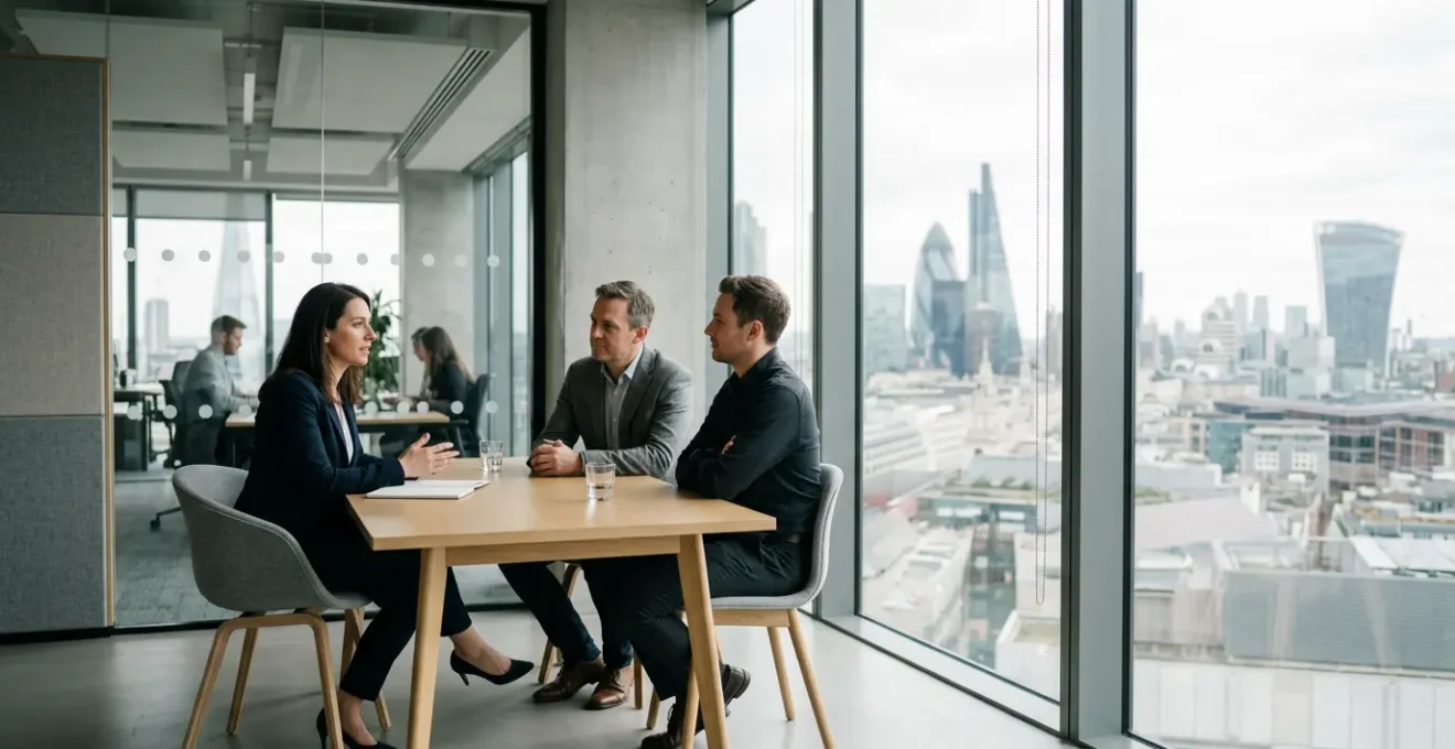 Business professional analyzing financial performance metrics in modern UK office environment