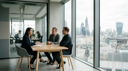 Business professional analyzing financial performance metrics in modern UK office environment