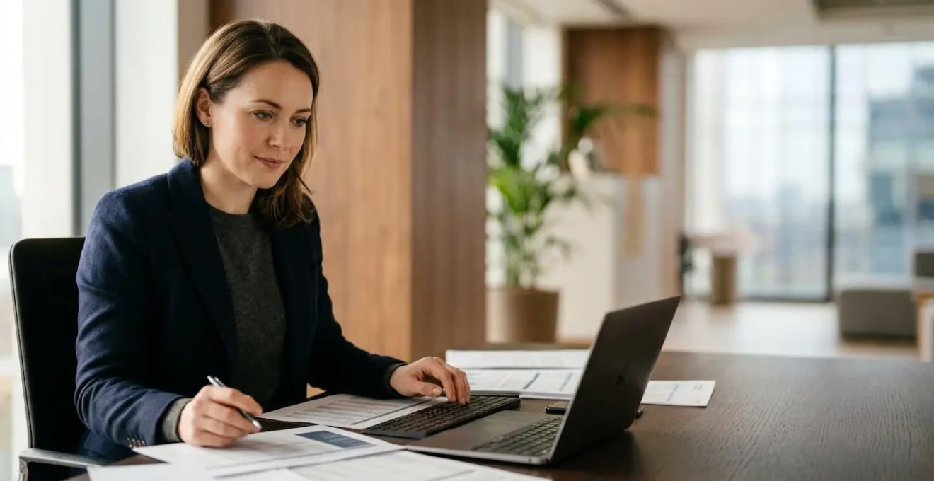 UK business owner reviewing financial documents with calculated tax credits and cash flow projections