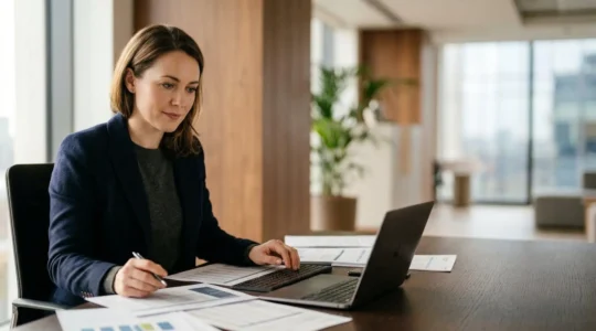 UK business owner reviewing financial documents with calculated tax credits and cash flow projections