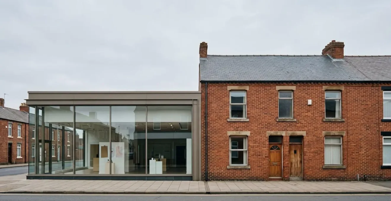 Wide environmental shot comparing commercial and residential property investment environments in UK