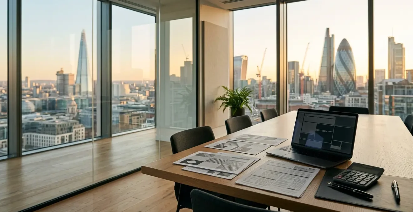 Professional business strategist reviewing financial documents in modern UK office workspace