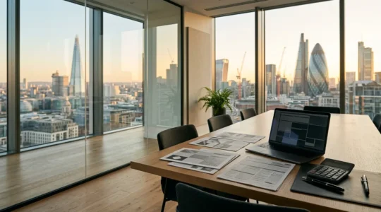 Professional business strategist reviewing financial documents in modern UK office workspace