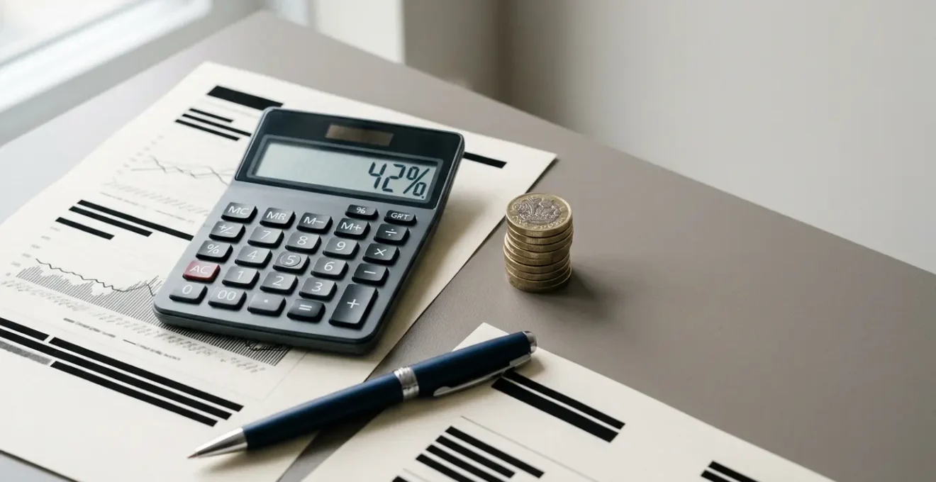 Professional reviewing complex tax documents with calculator showing percentage rates higher than expected