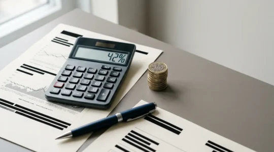 Professional reviewing complex tax documents with calculator showing percentage rates higher than expected