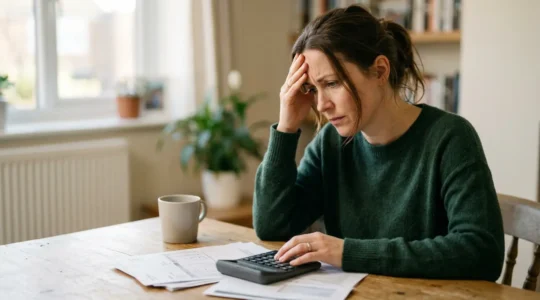 A person reviewing financial documents with concerned expression, representing emergency fund planning in uncertain times