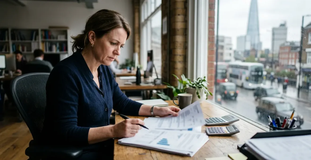 British small business owner reviewing financial documents in modern office showing concern over cash flow despite profitable operations