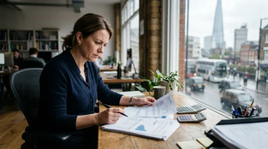 British small business owner reviewing financial documents in modern office showing concern over cash flow despite profitable operations