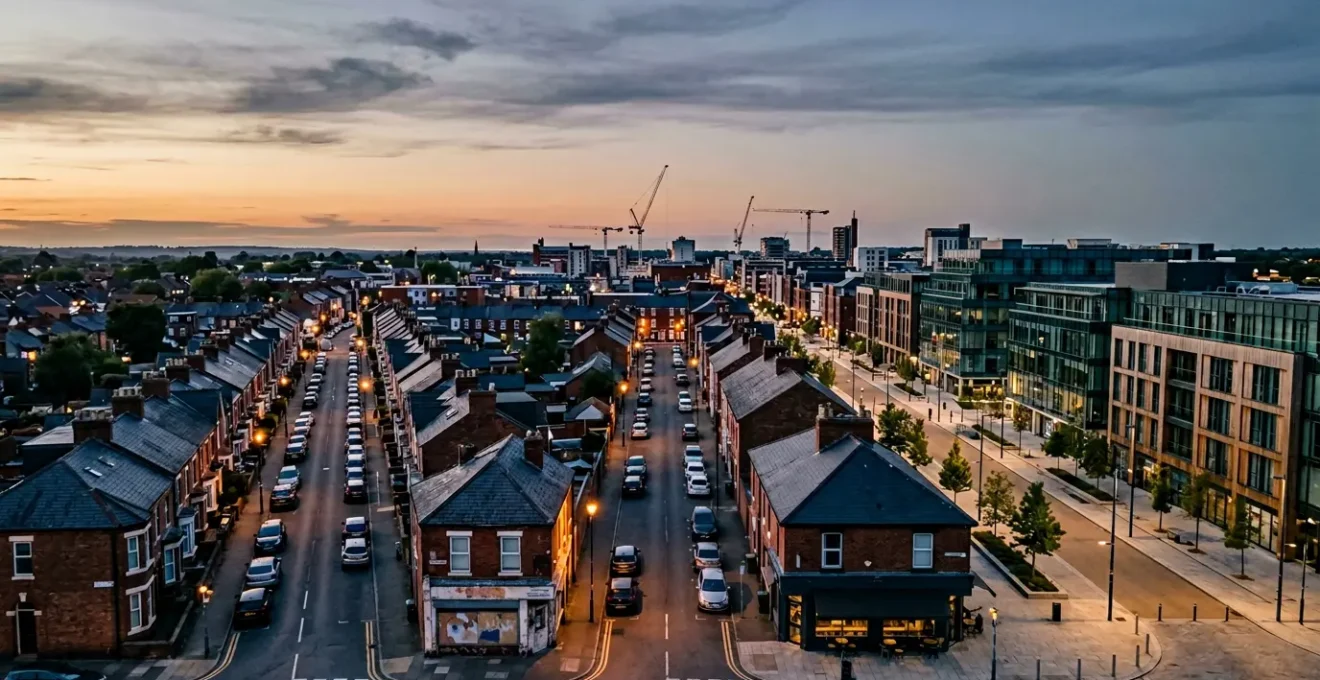 Aerial perspective of a UK town neighborhood transitioning through gentrification with contrasting architectural styles